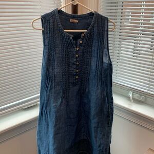 Faherty Isha 100% linen dress blue pin tucks, buttons size L